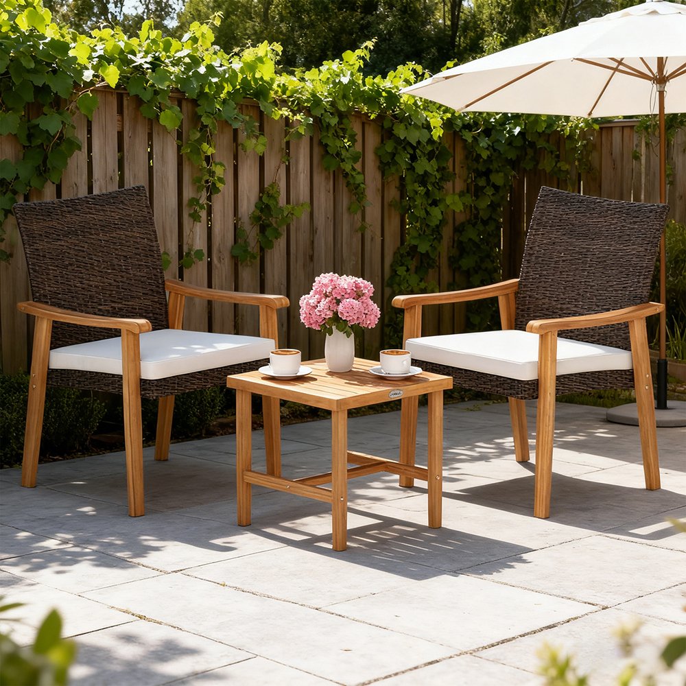 3 Pieces Patio PE Wicker Furniture Set Acacia Wood Outdoor Conversation ...