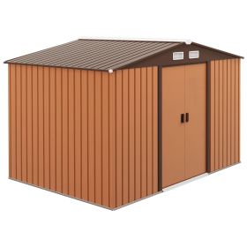 9' x 6' Metal Storage Shed Garden Tool House with Double Sliding Doors, 4 Air Vents for Backyard, Patio & Lawn, Brown