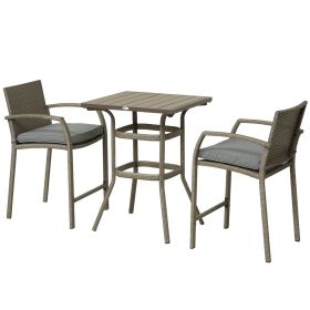 3PC Rattan Wicker Bar Set Patio Wood Grain Table Top 2 Stools Grey