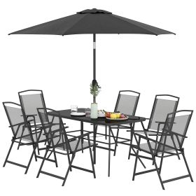 8 Piece Outdoor Dining Set, Patio Furniture Set with Umbrella, 6 Folding Chairs, Rectangle Table and Mesh Seat, Black