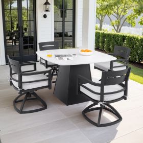 5-Piece Outdoor Pedestal Dining Set, 44" Rounded Square Sintered Stone Table with Flared Base and 4 Swivel Rockers, Sunbrella Cushions
