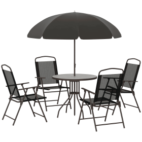 6 Piece Patio Dining Set for 4 with Umbrella, Outdoor Table and Chairs with 4 Folding Dining Chairs & Round Glass Table for Garden