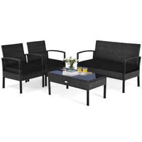4 Pieces Patio Rattan Cushioned Furniture Set with Loveseat and Table