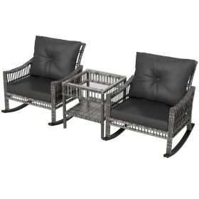 3 Piece Outdoor PE Rattan Rocker Chair Set, Rocking Chair with Tempered Glass Table Top, Gray