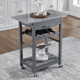 Mobile Rolling Kitchen Island Trolley Serving Cart With Underneath Drawer & Slide-Out Wire Storage Basket (Option: Grey)