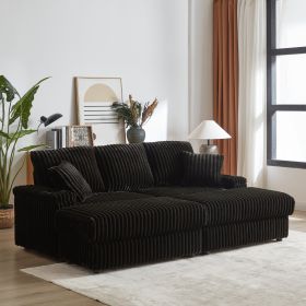 84Inch Corduroy 3-seater Sofa With 3 Back Pillows ,2 Toss Pillows , 2 Ottoman ,2storage Spaces And Cup-holding Grooves Comfy Sofa- Deep Seat Couc (Option: Black)