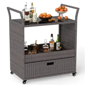 Handwoven PE Rattan Outdoor Bar Cart With Tempered Glass Top & Drawer, 4 Wheels With Brakes Serving Cart For Patio (Option: defaulttitle)