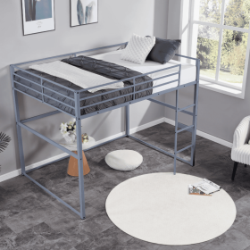 Metal Loft Bed Twin Size, Loft Bed Frame With Safety Guard Rails & Flat Ladder, Twin Loft Bed For Kids Teens Adults, Gray (Option: Gray)