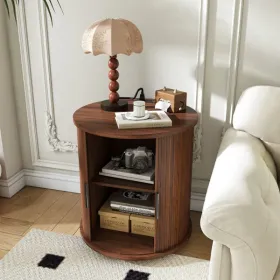 Mid Century Modern Cylinder End Table With Built-in Charging Station & Sliding Door, 2-Tier Storage Round Nightstand With USB Ports, Walnut Bedsi (Option: defaulttitle)