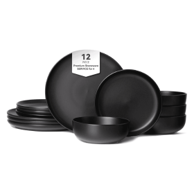 12-Piece Stoneware Dinner Plates Bowls Sets  Microwave & Dishwasher Safe   Non-Toxic Dinner Plates Bowls Set   Stackable Matte Glaze Kitchenware (Option: Black)
