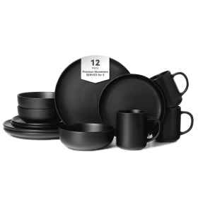 12-Piece Stoneware Dinnerware Sets With Mugs   Microwave & Dishwasher Safe    Non-Toxic Dinner Plates Bowls Set   Stackable Matte Glaze Kitchenwa (Option: Black)