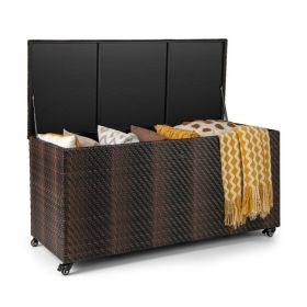 96 Gallon PE Wicker Outdoor Storage Box with 4 Wheels (Color: brown)