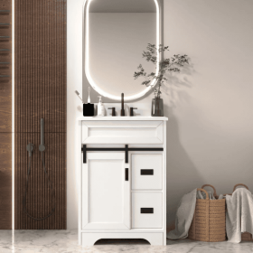 24 Bathroom Vanity With Single Sink Combo, Farmhouse Undermount Bathroom Sink Cabinet With Sliding Barn Doors And 2 Drawers, Freestanding Bathroo (Option: White)