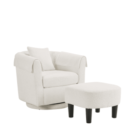 Swivel Accent Chair With Ottoman Set, Modern Chenille Barrel Armchair With Removable Back Pillow & 2 Armrest Covers For Living Room, Bedroom, Off (Option: White)