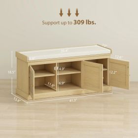 Shoe Storage Bench With Woven Rattan Doors, Shoe Bench With Cushion, Adjustable Shelves, Entryway Bench, Oak Tone (Option: Oak Tone)