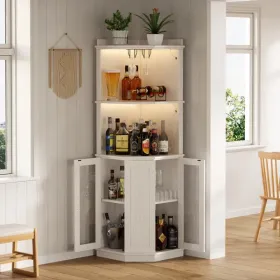 67.3" Corner Bar Cabinet With Power Outlet, Farmhouse Wine Bar Cabinet With Adjustable Shelves For Home,with Lights & Glass Rack For Dining Room, (Option: defaulttitle)